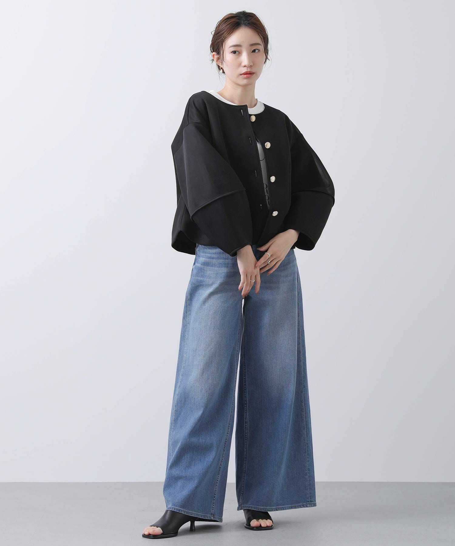 ブラック ノーカラージャケット Gready Brilliant シアー金ボタン Gready Brilliant【Special price】シアー金釦ノーカラー