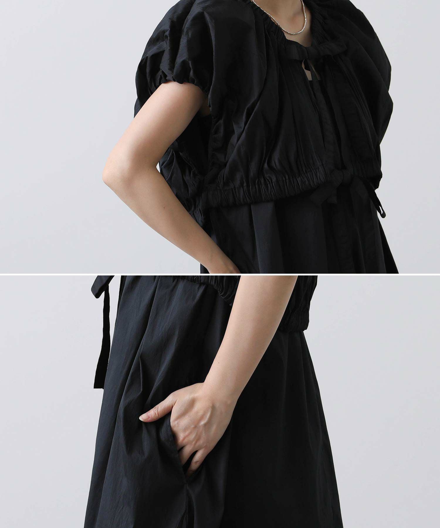 黒いリボン付きバルーンドレス レース切替リボンドレス(ブラック)SR1-308BL-M | OTONA DRESS