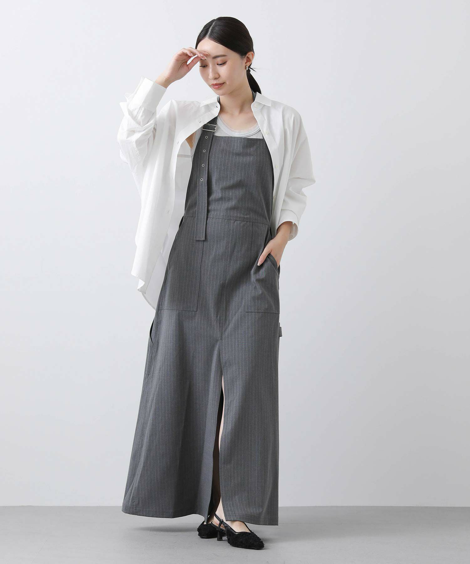 Khadi and Co エプロンワンピース/綿100%/M/白/ストライプ Khadi and Co エプロンワンピース/綿100%/M/白/ストライプ