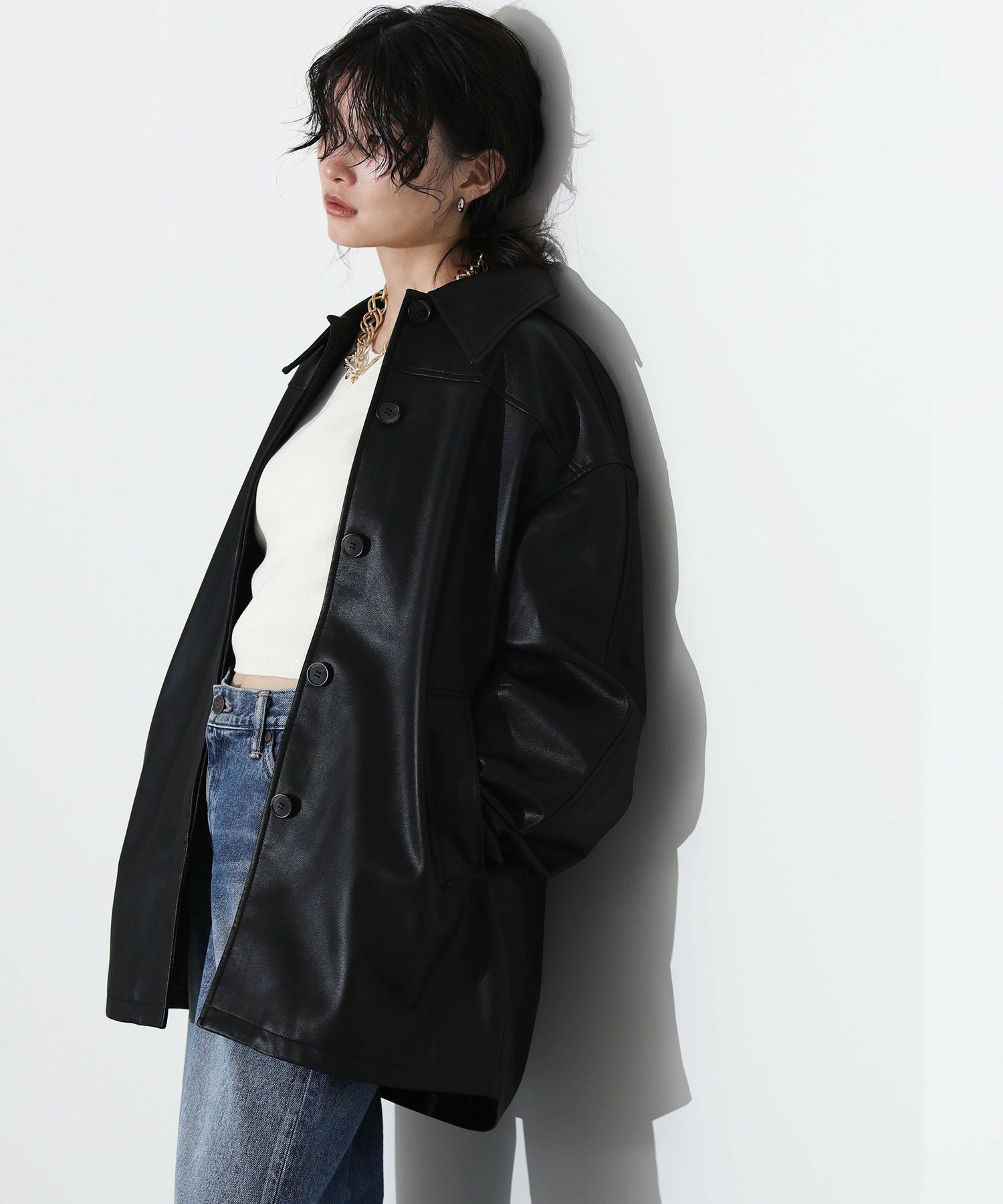 anuke アンヌーク またとない エコレザーオーバージャケット 38 クリーム
