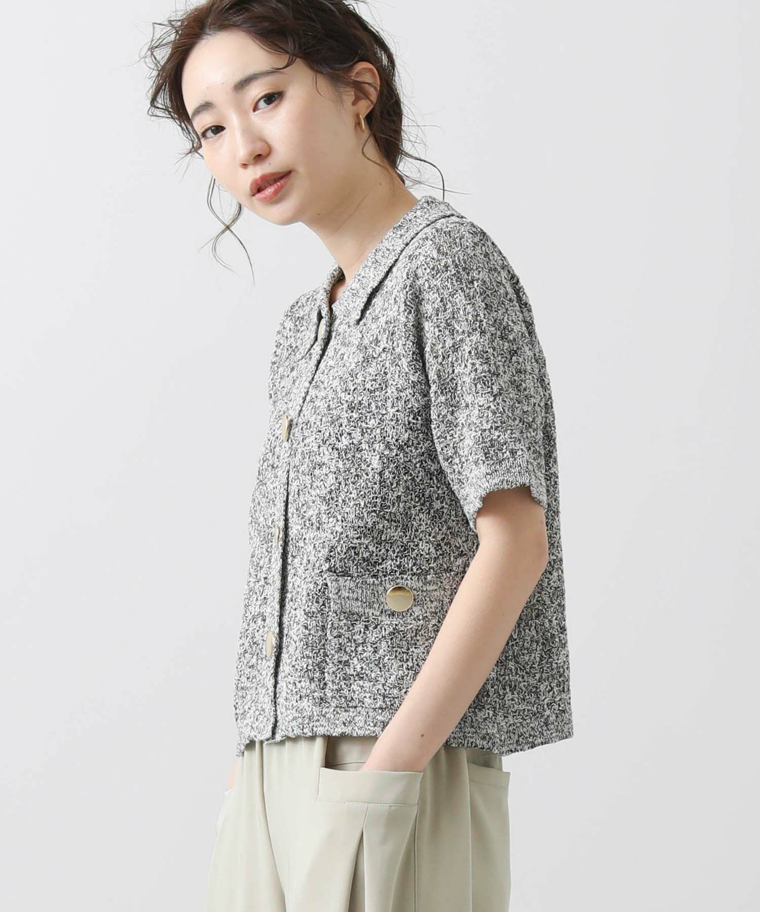 Torrazzo Donna ＭＩＸスラブ衿付５分袖カーディガン Torrazzo Donna カーディガン MIXスラブ衿付5分袖