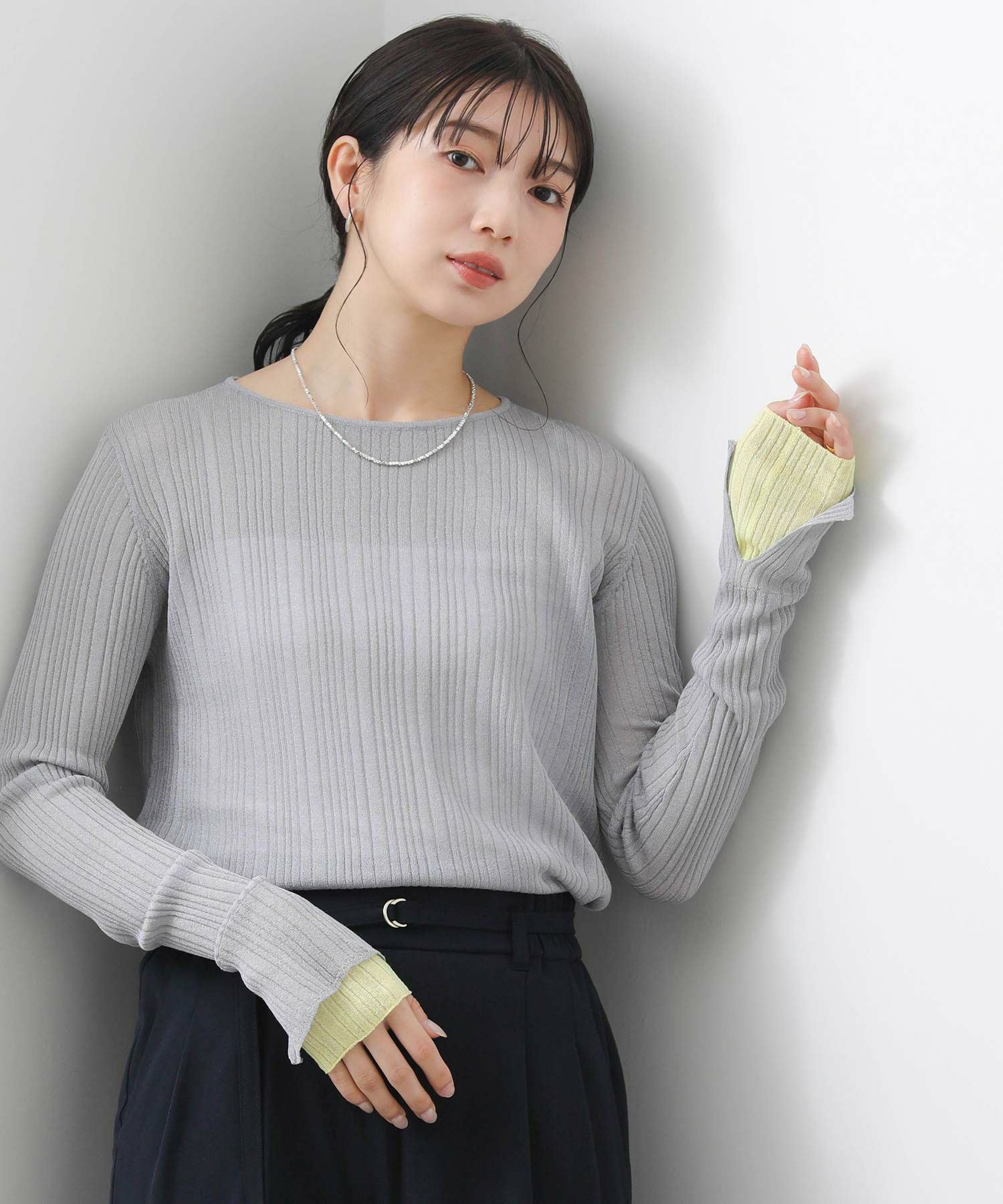 【超美品】シアーリブバイカラースリーブニット　gready brilliant Gready Brilliantシアーリブバイカラースリーブカットソー