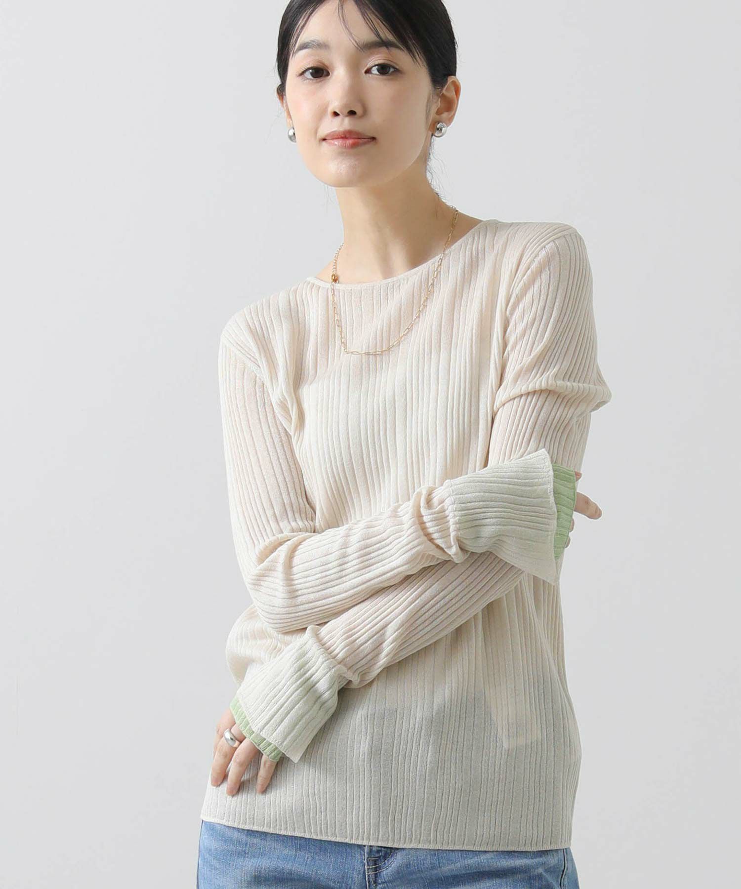 【超美品】シアーリブバイカラースリーブニット　gready brilliant セール】シアーリブバイカラースリーブニット（ニット/セーター