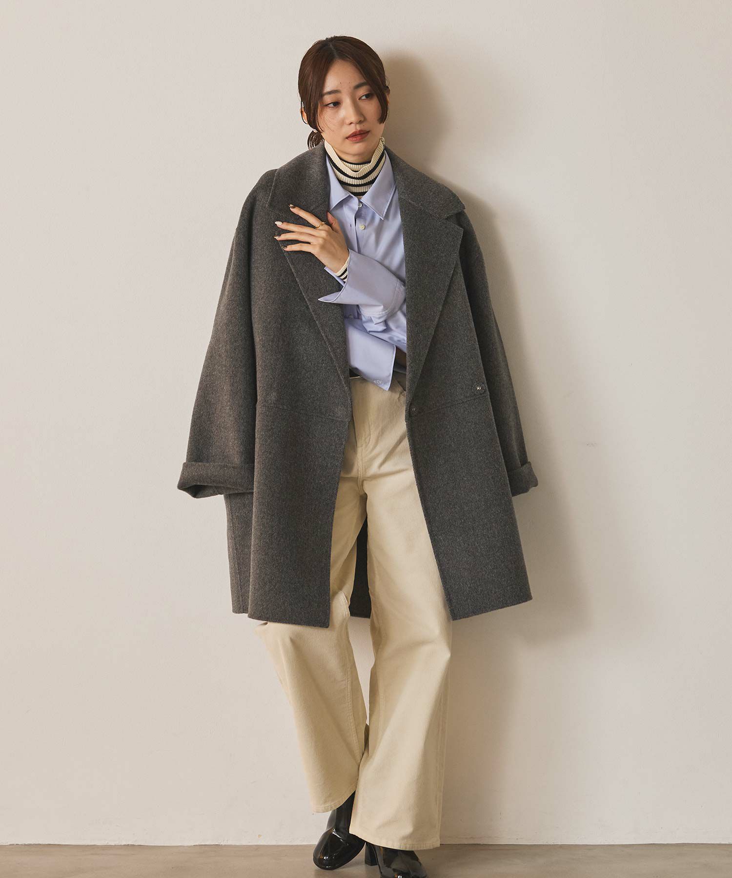 レース衿付きダブル釦コート GRAY Gready BrilliantWフェイス大衿ダブルコート | SEKIMIKI Online