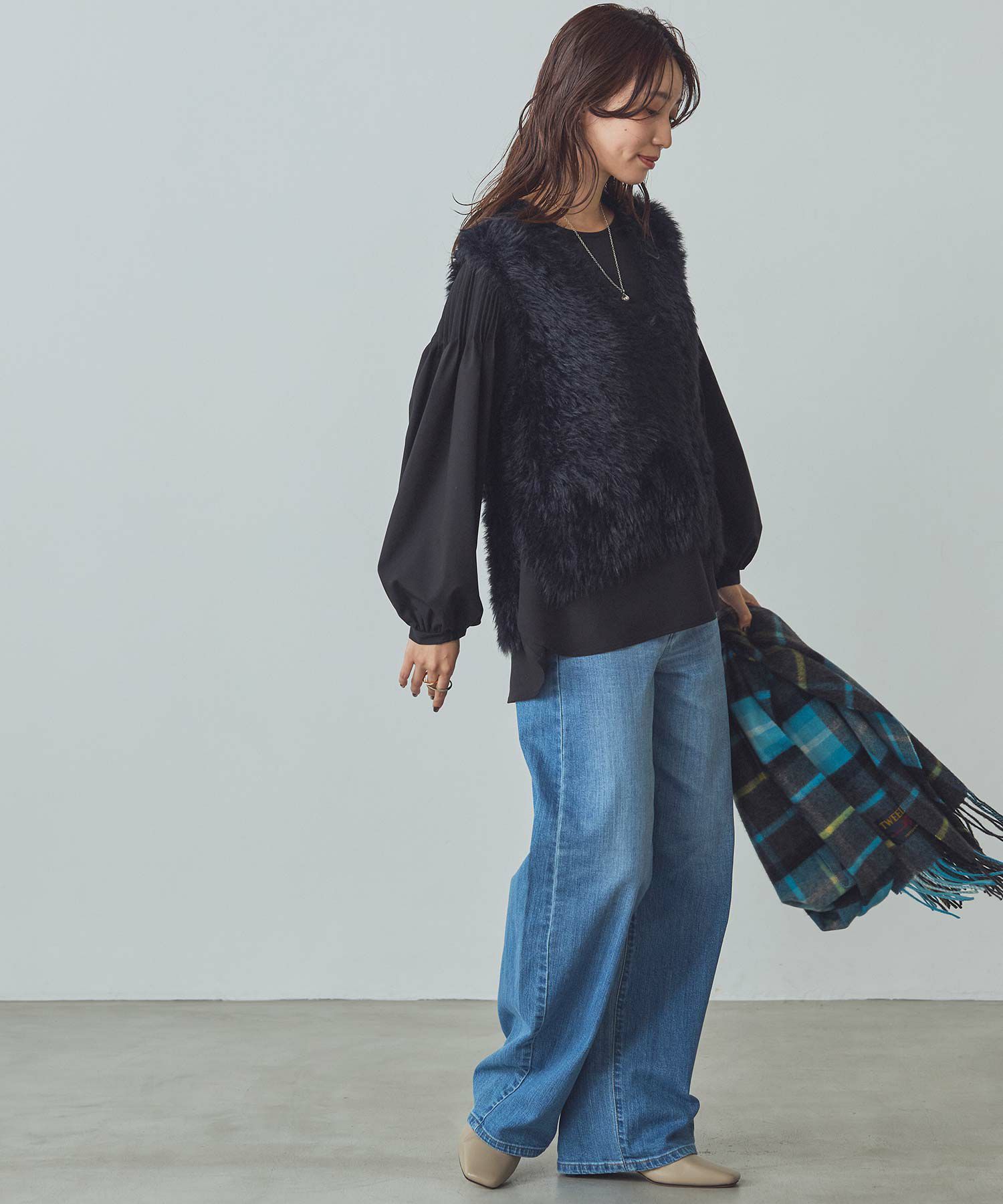 VネックシャギーベストSETトップスコーディネート