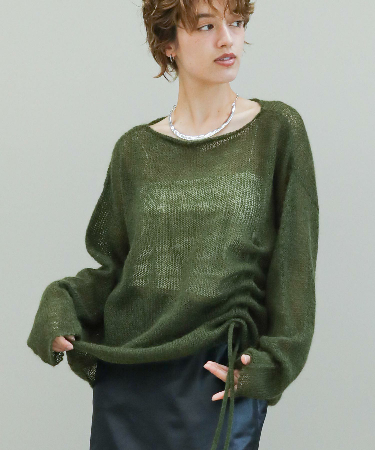 HYKE ハイク モヘアクロップニット モヘア カーキ グリーン サイズ1 中古・古着通販】HYKE (ハイク) モヘアカーディガン グリーン サイズ:3