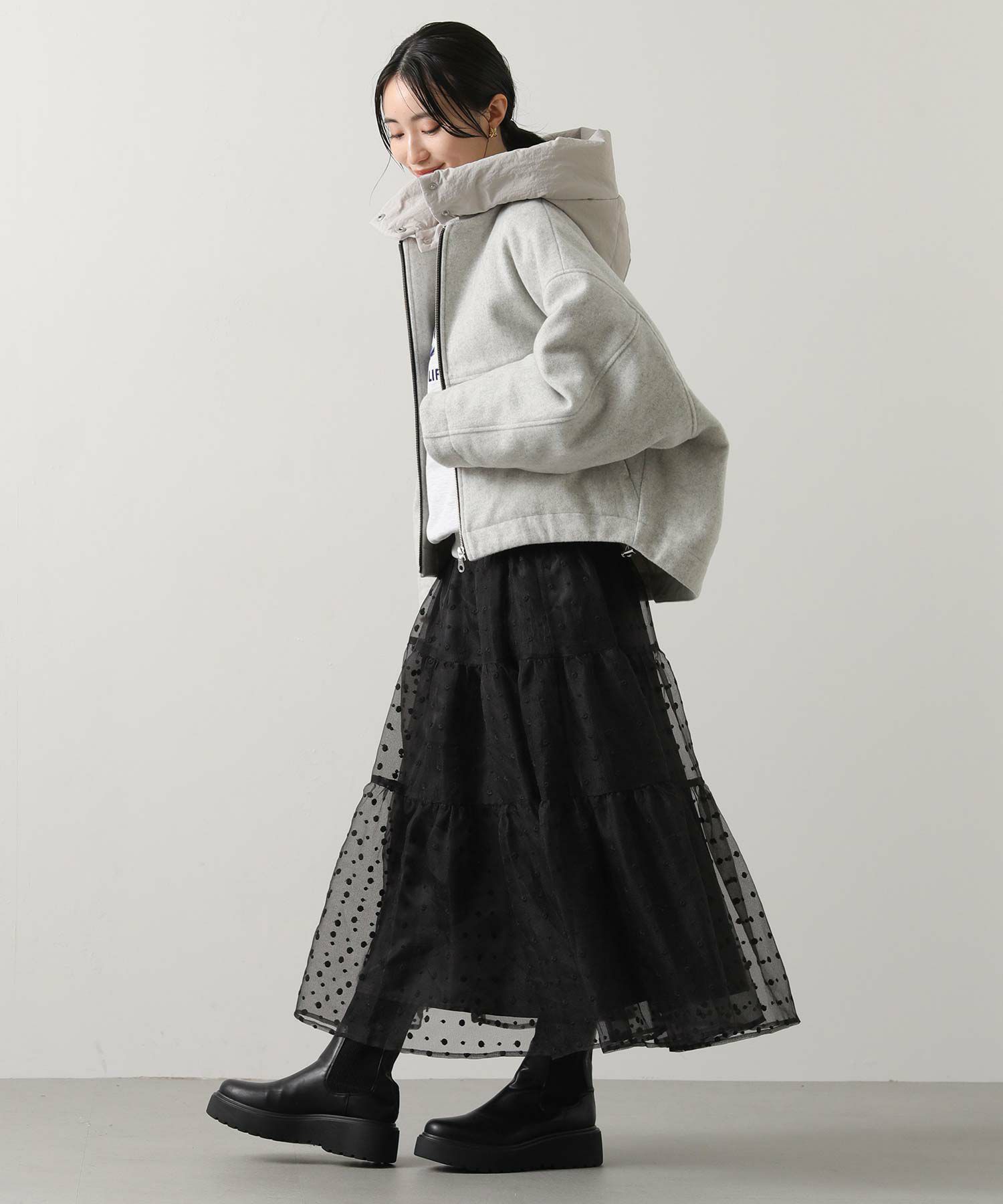 ババグーリ☆18年冬☆シルクコットンウールアップリケ着物衿ゆったりOP☆美品です Gready Brilliant【竹下 玲奈select item】 フード付ウールショート