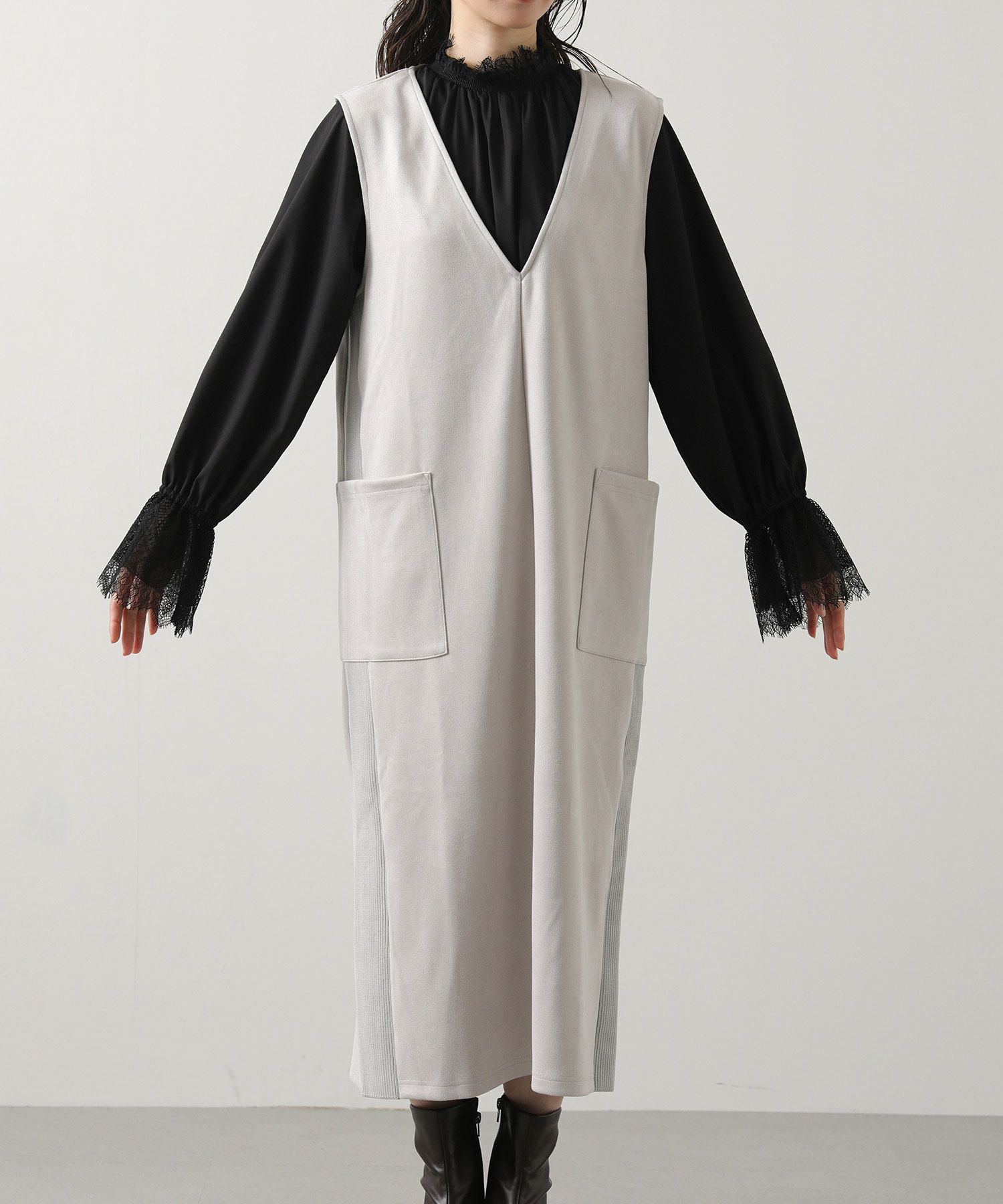 Gready BrilliantサイドリブスウェードVネックジャンスカ | SEKIMIKI