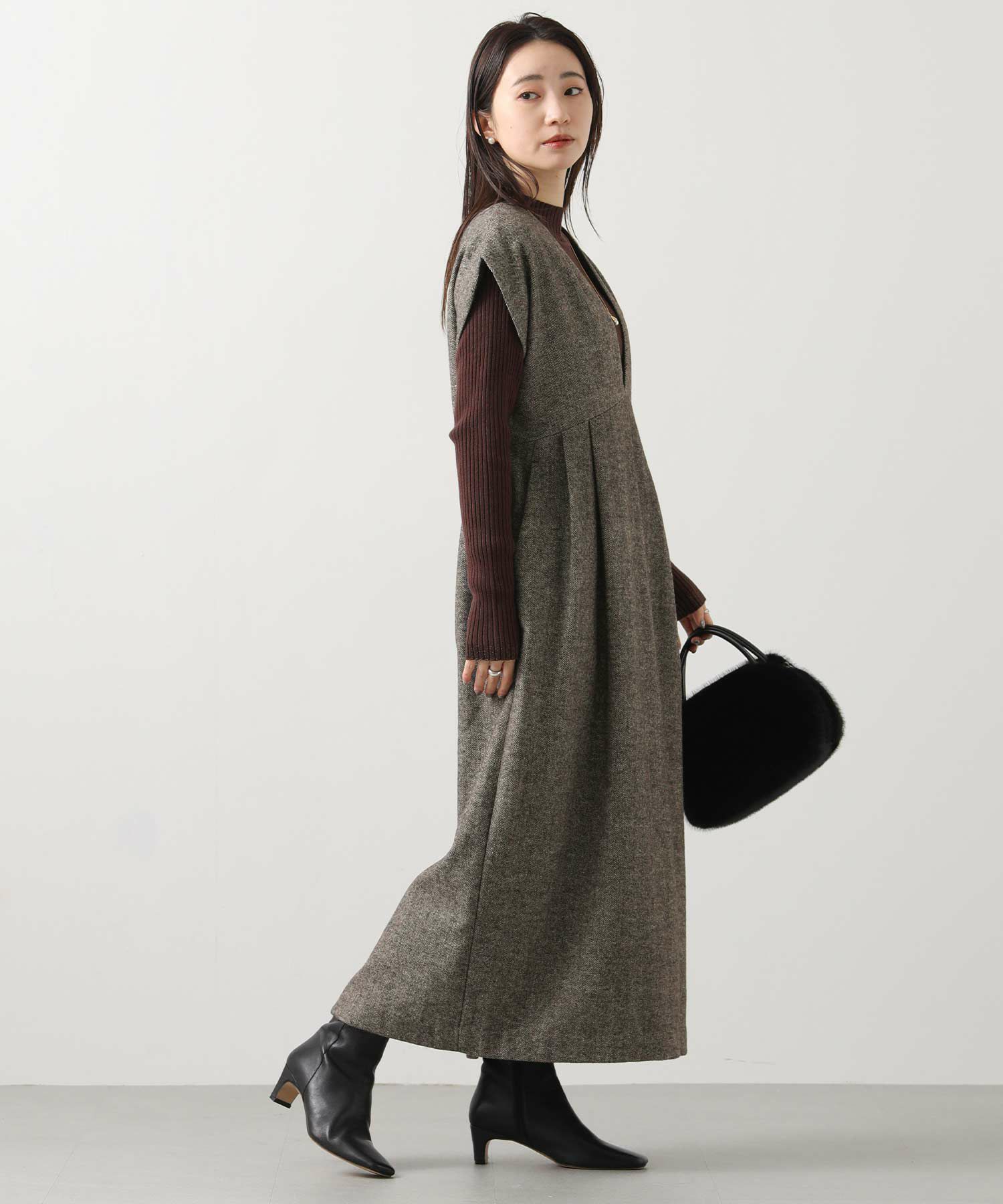 Gready Brilliantウール混へリンボンVネックジャンスカ | SEKIMIKI Online