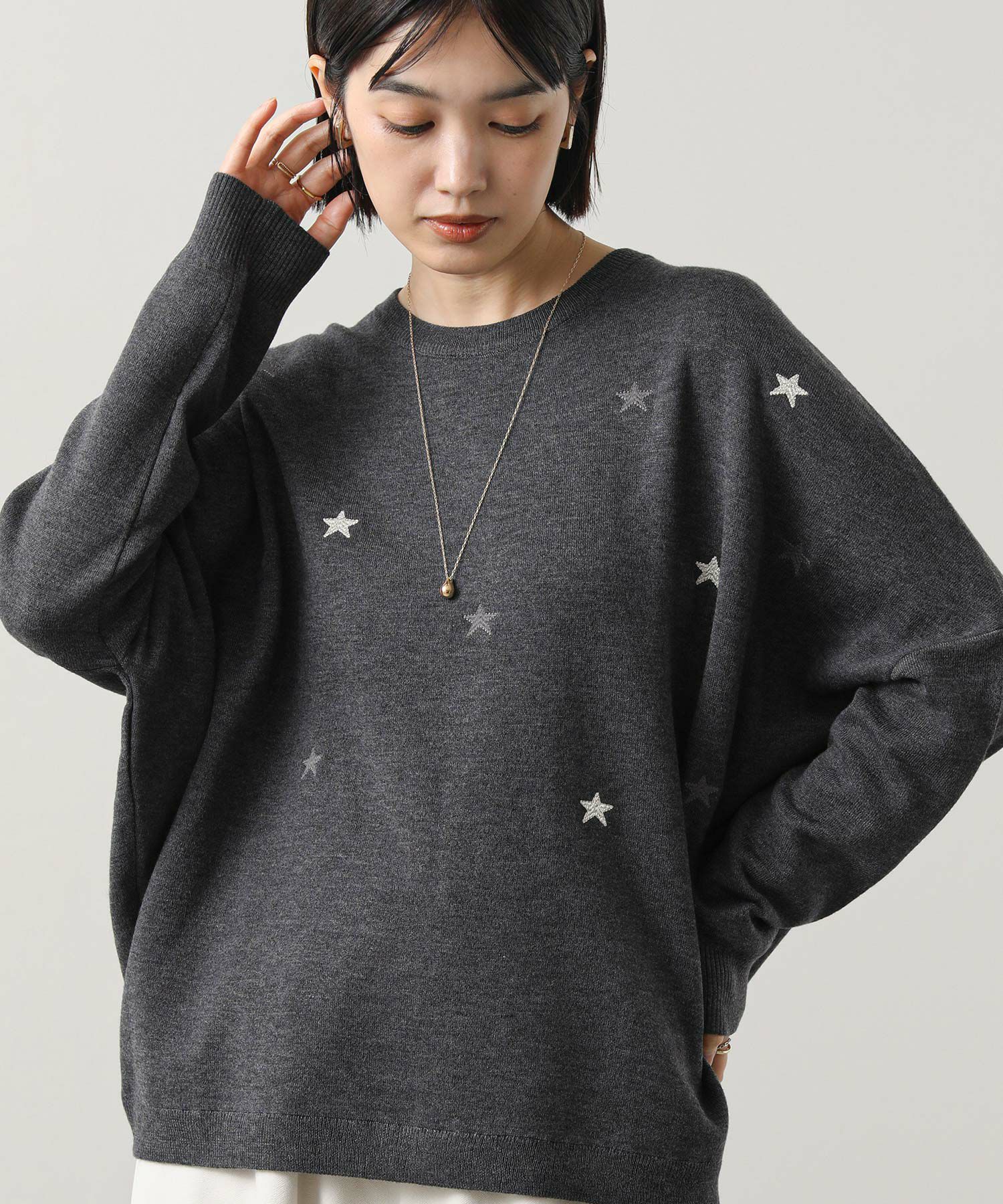 Gready Brilliant星刺繍スムースクルーネックプルオーバー | SEKIMIKI