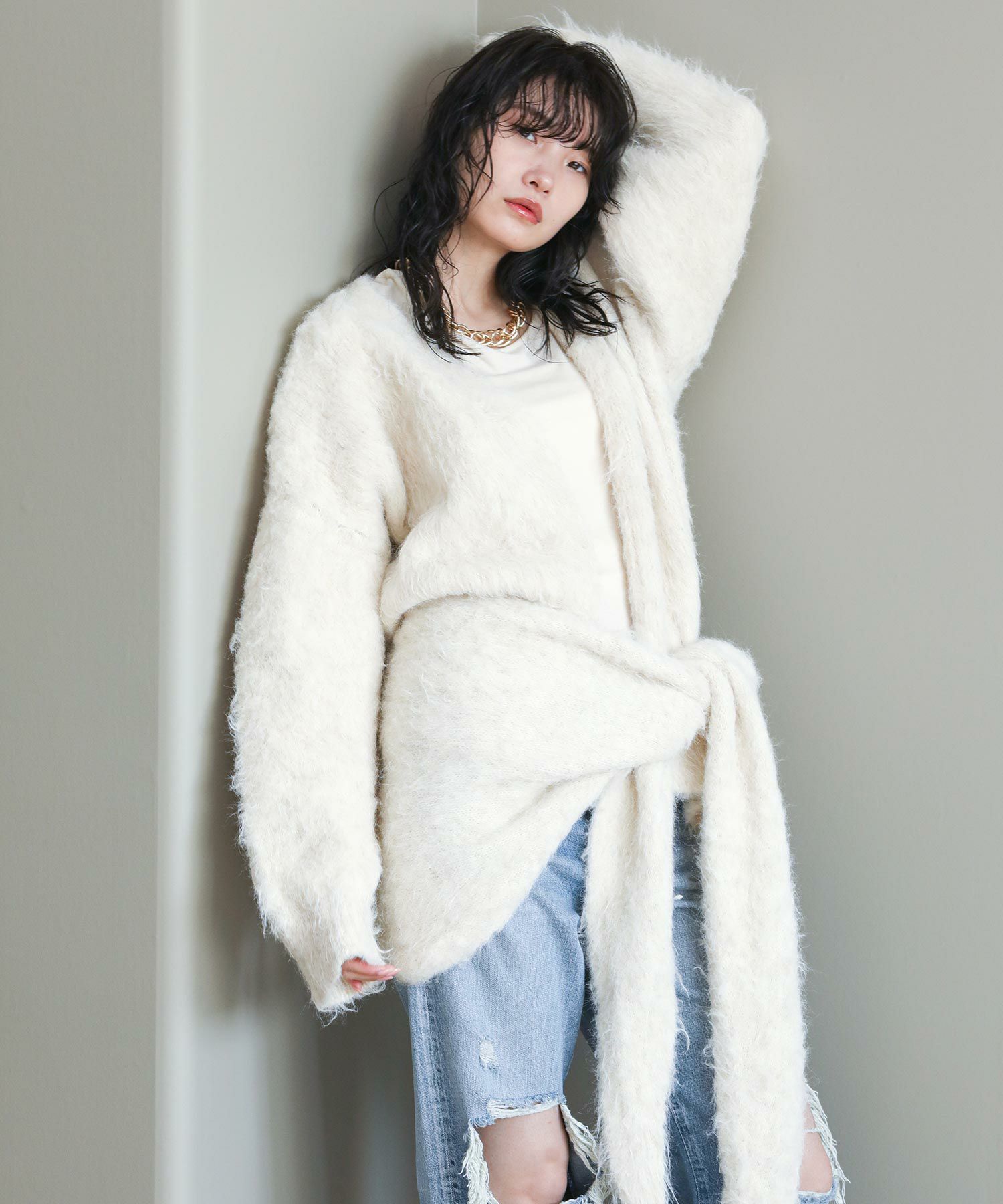 The rejoiceスカーフ付シャギーカーデ | SEKIMIKI Online