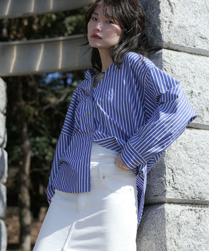The rejoice メタル釦シャツ ストライプ
