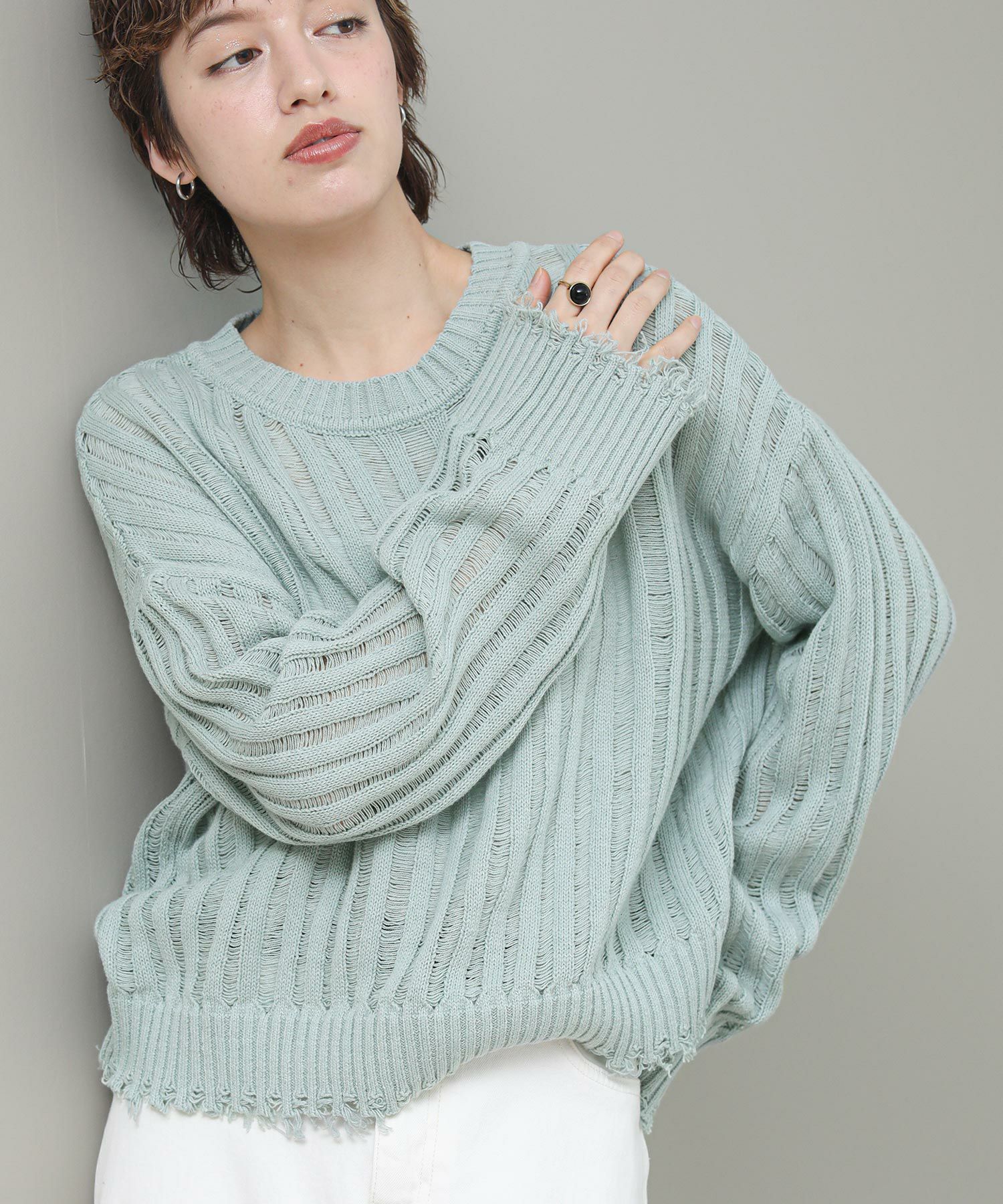 The rejoiceダメージ針抜きシアーニット | SEKIMIKI Online