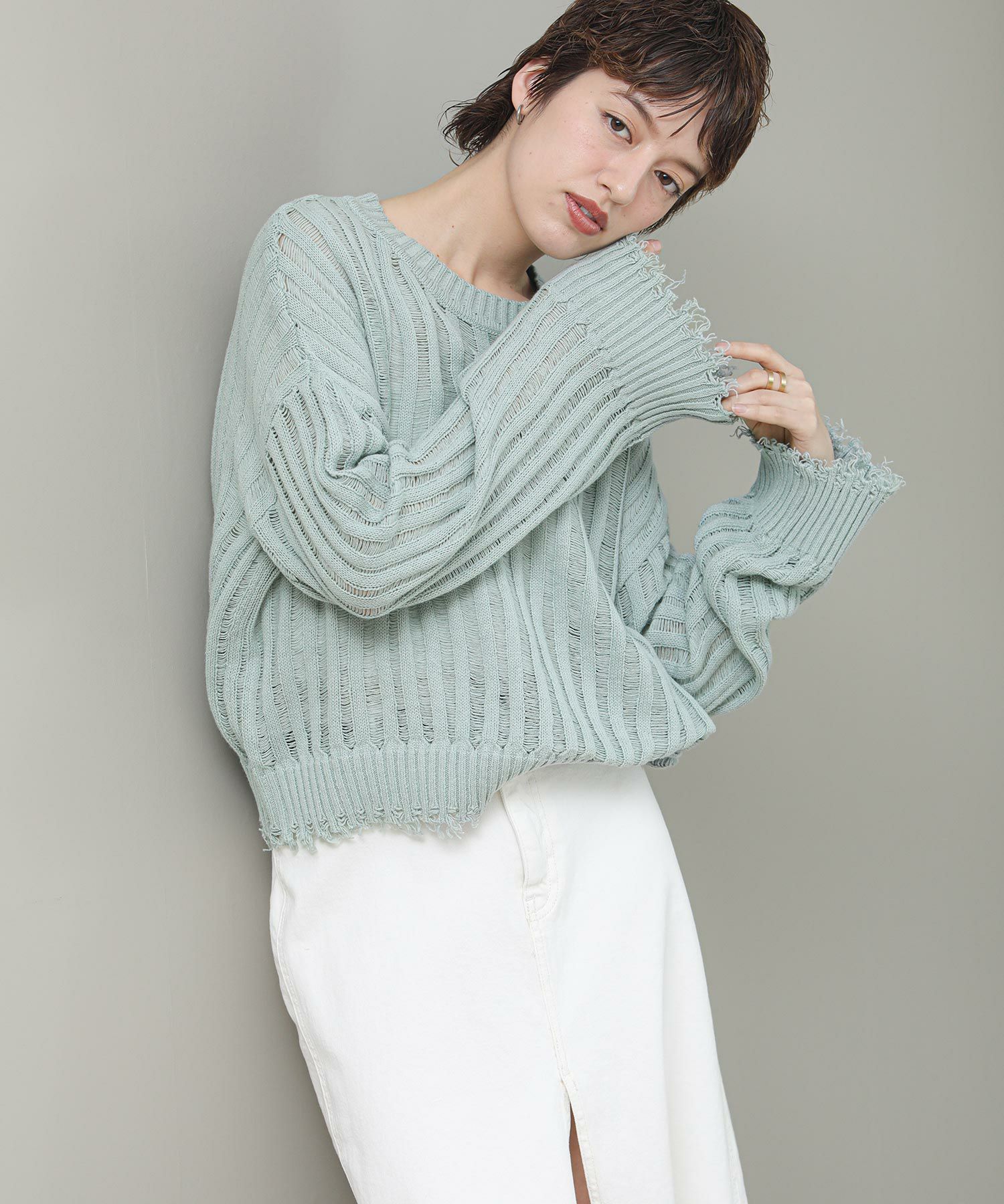 The rejoiceダメージ針抜きシアーニット | SEKIMIKI Online