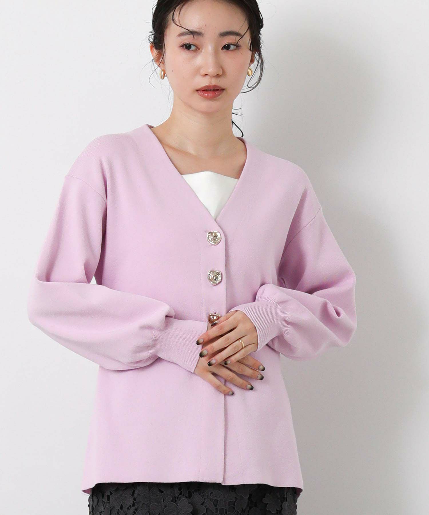 Gready BrilliantペプラムGOLD釦Vネックカーディガン | SEKIMIKI